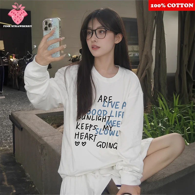 American Letter Print T-shirt Women Autumn 2025 New 100% Cotton White Round neck Long sleeve Loose Tee Y2k Top Female clothing 
American Letter Print T-shirt Women Autumn 2025 New 100% Cotton White Round neck Long sleeve Loose Tee Y2k Top Female clothing