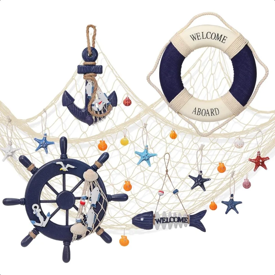 11 Pcs Wooden Nautical Wall Decor Fishing Net Decoration Include Decorative Fishing Net Ship wheel Fish Skeleton Life Ring Anch
11 Pcs Wooden Nautical Wall Decor Fishing Net Decoration Include Decorative Fishing Net Ship wheel Fish Skeleton Life Ring Anch