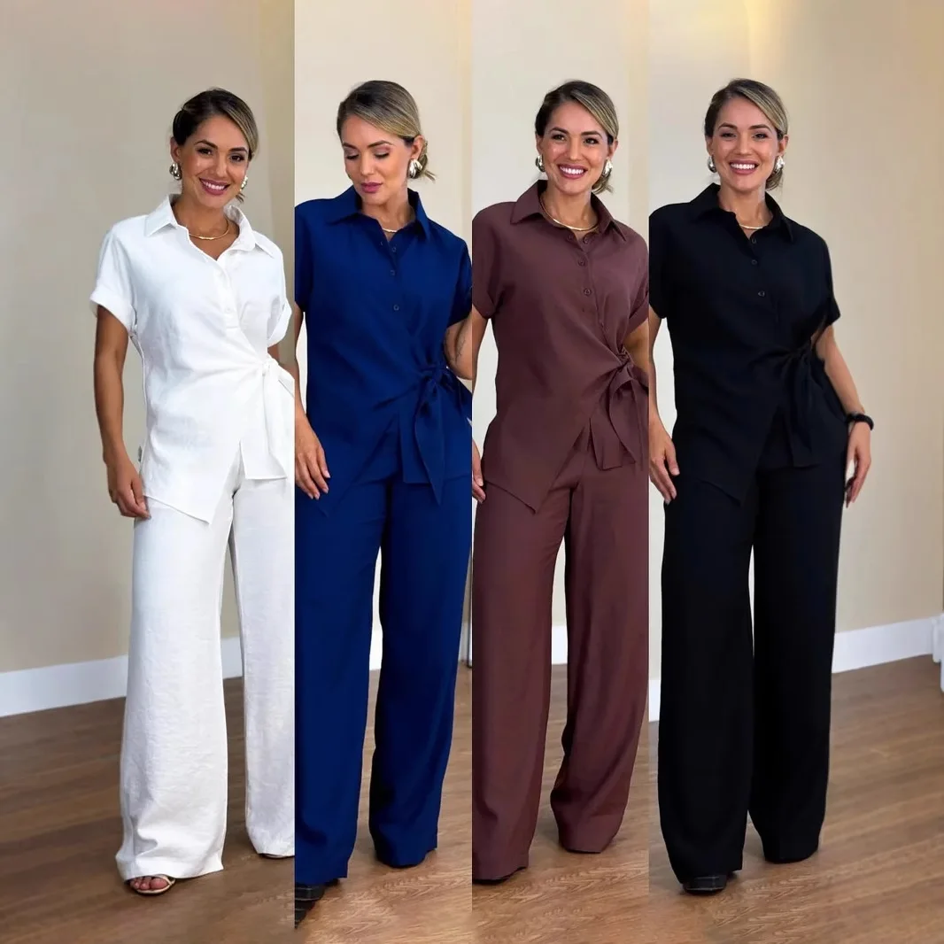 Two Pieces Women Pant Sets Solid Matching Sets Lace Up Button Short Sleeves Top Elastic Waist Wide Leg Pants Casual 2025 Summer
Two Pieces Women Pant Sets Solid Matching Sets Lace Up Button Short Sleeves Top Elastic Waist Wide Leg Pants Casual 2025 Summer