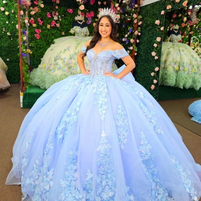 Blue Shiny Quinceanera Dresses Off The Shoulder Applique Lace Beading Bow Tull Corset Party Birthday Sweet 16 Dress Vestidos 15
Blue Shiny Quinceanera Dresses Off The Shoulder Applique Lace Beading Bow Tull Corset Party Birthday Sweet 16 Dress Vestidos 15