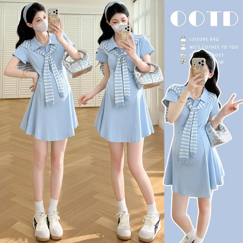 Maternity Dress Summer 2026 Blue Polo Collar Short Sleeve Ruched Waist Dress and Striped Shawl for Pregnant Women Minimalist
Maternity Dress Summer 2026 Blue Polo Collar Short Sleeve Ruched Waist Dress and Striped Shawl for Pregnant Women Minimalist
