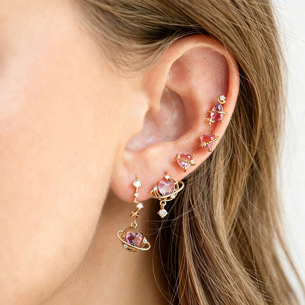 Gold Plated Pink CZ Celestial Heart Planet Earring Set Stackable Piercing Stud Dangle Drop Jewelry for Women Birthday Gift
Gold Plated Pink CZ Celestial Heart Planet Earring Set Stackable Piercing Stud Dangle Drop Jewelry for Women Birthday Gift