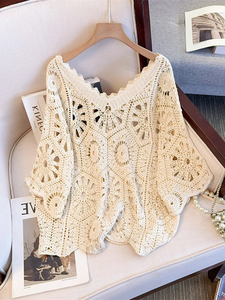 Женский вязаный свободный топ больших размеров с расклешенными рукавами V-Ne, ажурный дизайн из смеси хлопка, летняя модная одежда для поездок на работу
Женский вязаный свободный топ больших размеров с расклешенными рукавами V-Ne, ажурный дизайн из смеси хлопка, летняя модная одежда для поездок на работу