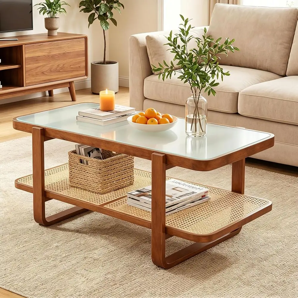 Walnut Boho Style Coffee Table with Storage and Tempered Glass for Living Rooms and Small Spaces
Walnut Boho Style Coffee Table with Storage and Tempered Glass for Living Rooms and Small Spaces