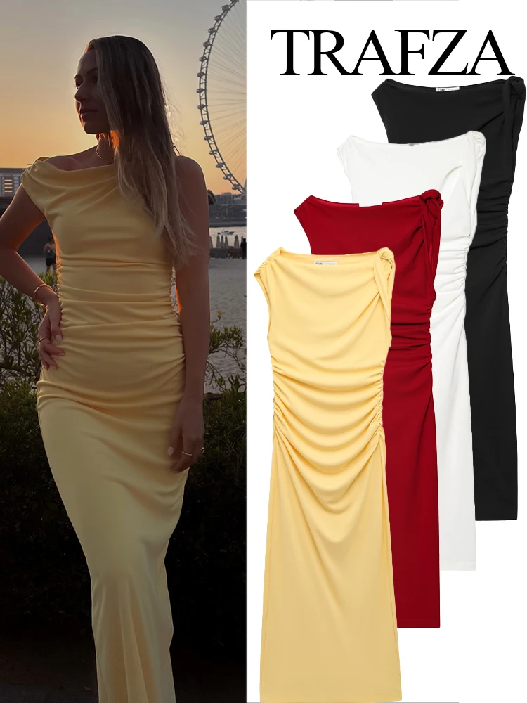 TRAFZA Women Summer Elegant Long Sheath Crew Neck Folds Decorate Zipper Dress Female Fashion Slit Sleeveless 4-Color Long Dress
TRAFZA Women Summer Elegant Long Sheath Crew Neck Folds Decorate Zipper Dress Female Fashion Slit Sleeveless 4-Color Long Dress