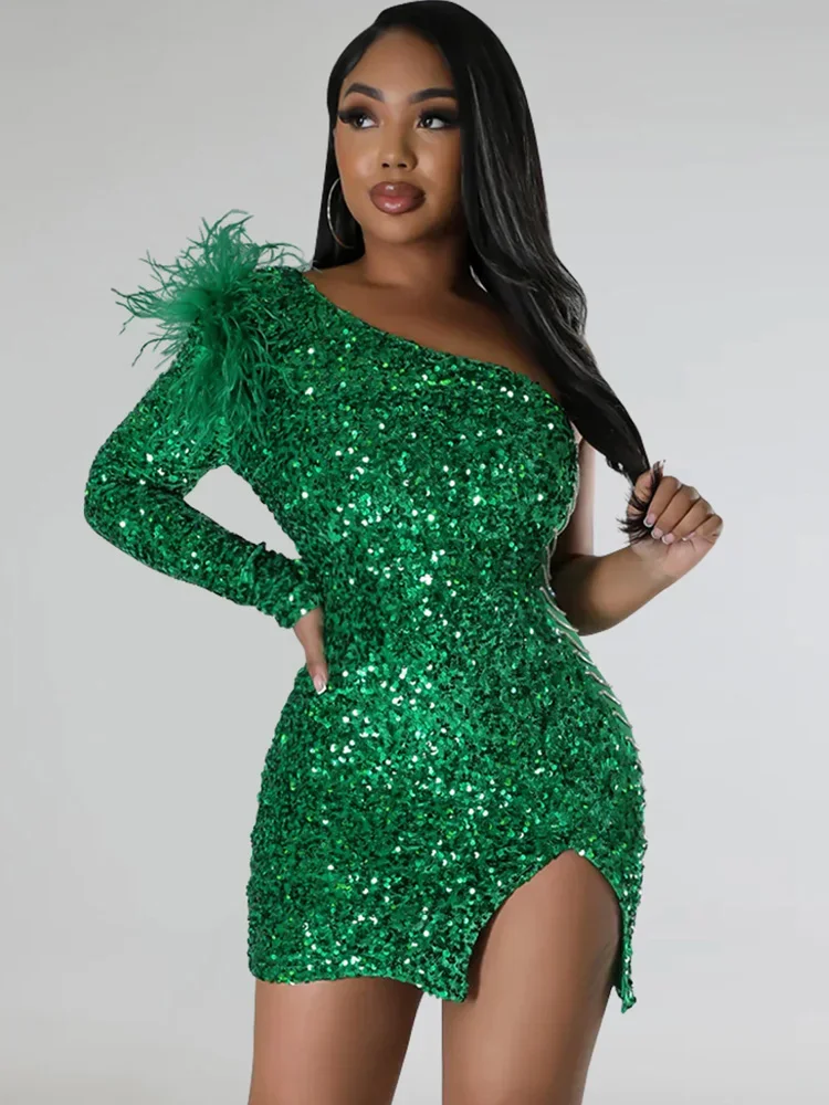 Women Luxury Evening Dress Glam Single Shoulder Feather Patchwork Slim Sequins Party Dress Christmas Outfits Sexy Robe
Women Luxury Evening Dress Glam Single Shoulder Feather Patchwork Slim Sequins Party Dress Christmas Outfits Sexy Robe