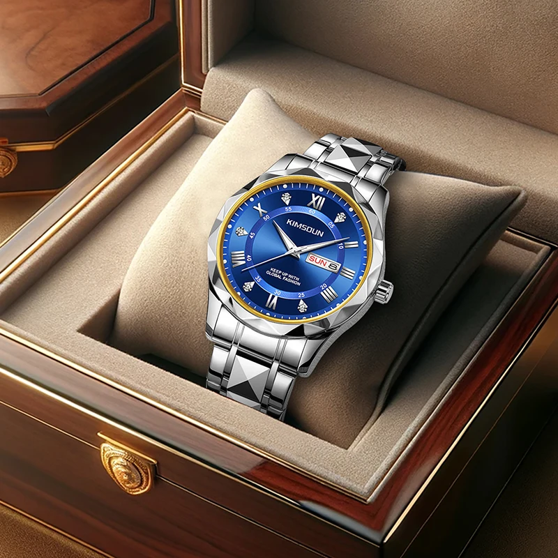 Мужские кварцевые часы в минималистском стиле с текстурированным календарем, синим циферблатом, серебряным стальным ремешком и вставками из стразов.
Мужские кварцевые часы в минималистском стиле с текстурированным календарем, синим циферблатом, серебряным стальным ремешком и вставками из стразов.