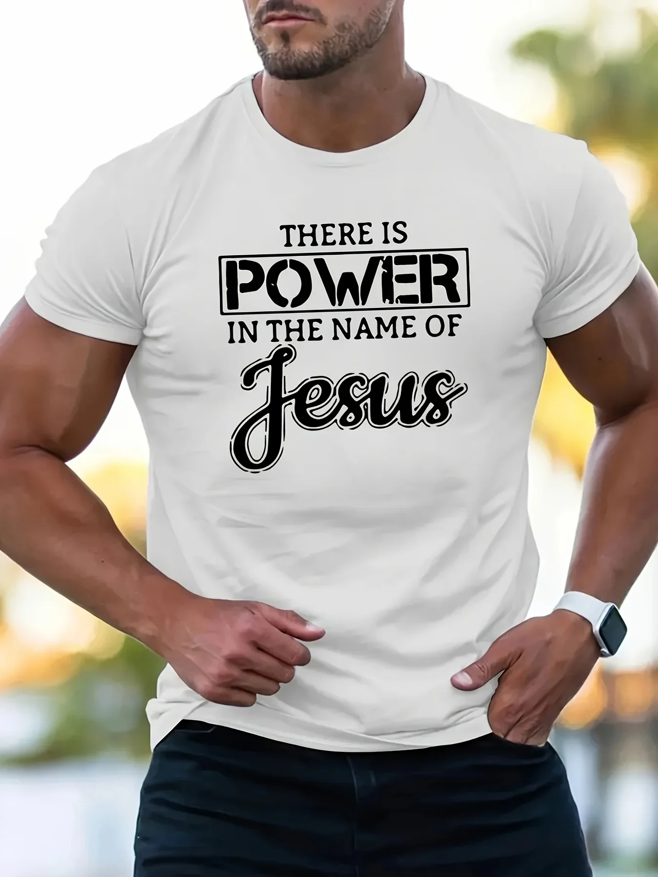 Men's summer 100 cotton fashionable casual loose Jesus name full of power printed round neck short sleeved T-shirt top
Men's summer 100 cotton fashionable casual loose Jesus name full of power printed round neck short sleeved T-shirt top