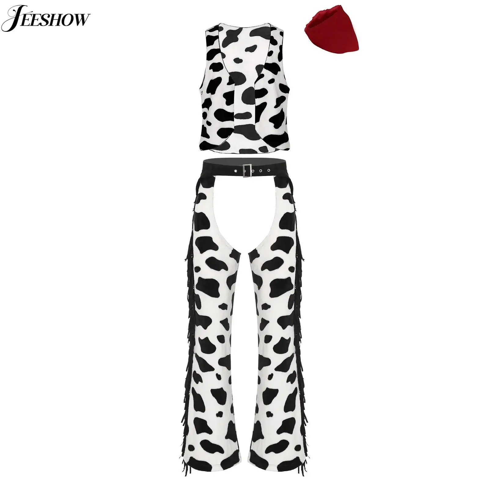 Mens Western Cowboy Costume Cow Spot Print Flannel Dress Up Outfits Sleeveless Open Front Vest Top with Hollow Out Tassel Chaps
Mens Western Cowboy Costume Cow Spot Print Flannel Dress Up Outfits Sleeveless Open Front Vest Top with Hollow Out Tassel Chaps