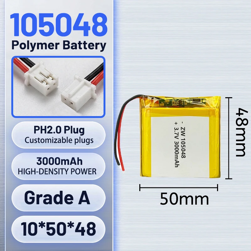 Rechargeable 105048 polymer lithium battery 3000mAh 3.7V with protective plate lead-out cable with enough capacity built-in soft
Rechargeable 105048 polymer lithium battery 3000mAh 3.7V with protective plate lead-out cable with enough capacity built-in soft