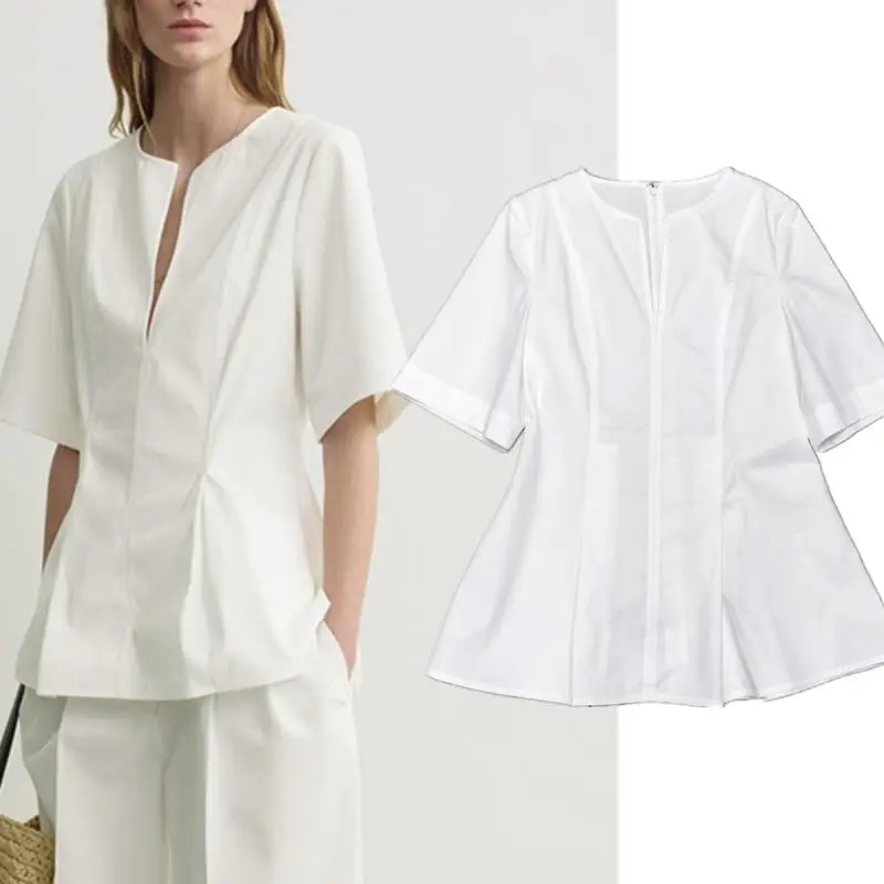 Dave&di Pure Cotton White Women's V-neck Short-sleeved Top With Waist Taper Minimalist Women's Blouses And Shirt Woman Clothing
Dave&di Pure Cotton White Women's V-neck Short-sleeved Top With Waist Taper Minimalist Women's Blouses And Shirt Woman Clothing