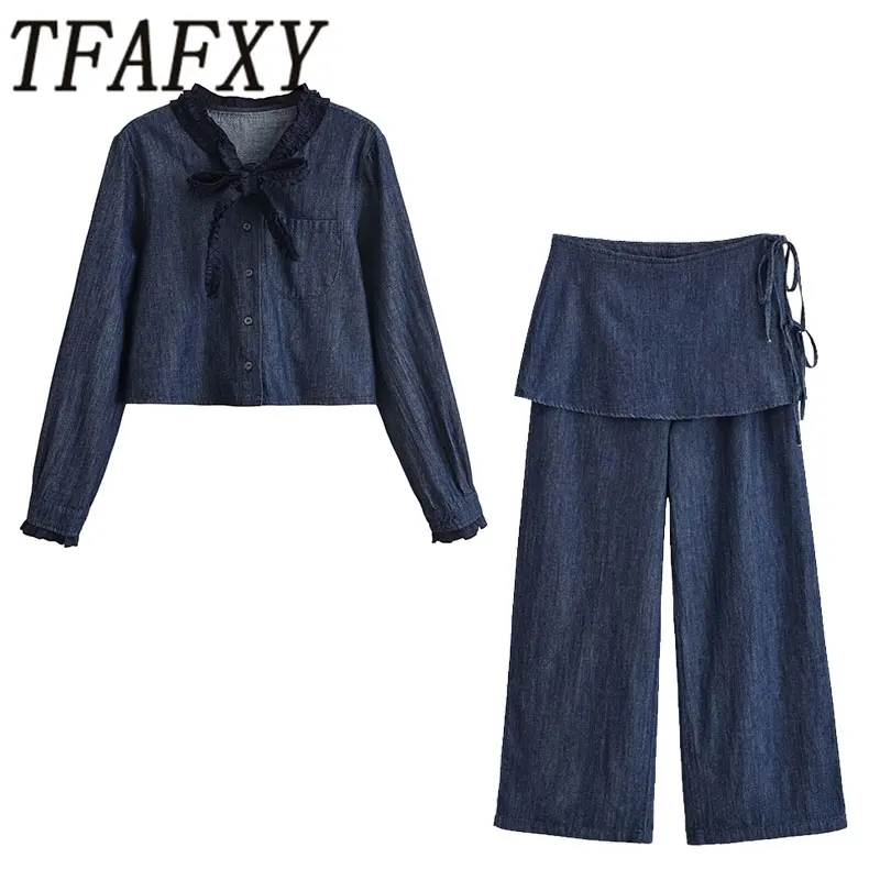 TFAFXY 2026 Spring Vintage Casual Chic Women Cowboy Suit Bow Top With fart curtain Long Pants Fashion Denim Suits
TFAFXY 2026 Spring Vintage Casual Chic Women Cowboy Suit Bow Top With fart curtain Long Pants Fashion Denim Suits
