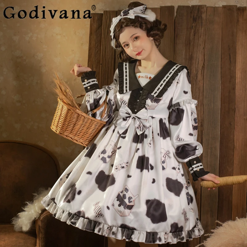 Cute Lolita Long Sleeve Op Ruffles Navy Collar Bow Print Dress Spring Autumn Girl High Waist A-line Simple Age Reduction Dresses
Cute Lolita Long Sleeve Op Ruffles Navy Collar Bow Print Dress Spring Autumn Girl High Waist A-line Simple Age Reduction Dresses