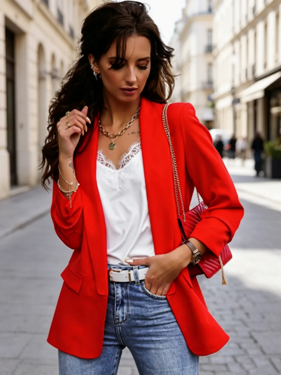 Notched Lapel Long Sleeve Open Front Blazer With Flap Pockets Elegant Slim Fit Jacket Chic Office Wear
Notched Lapel Long Sleeve Open Front Blazer With Flap Pockets Elegant Slim Fit Jacket Chic Office Wear