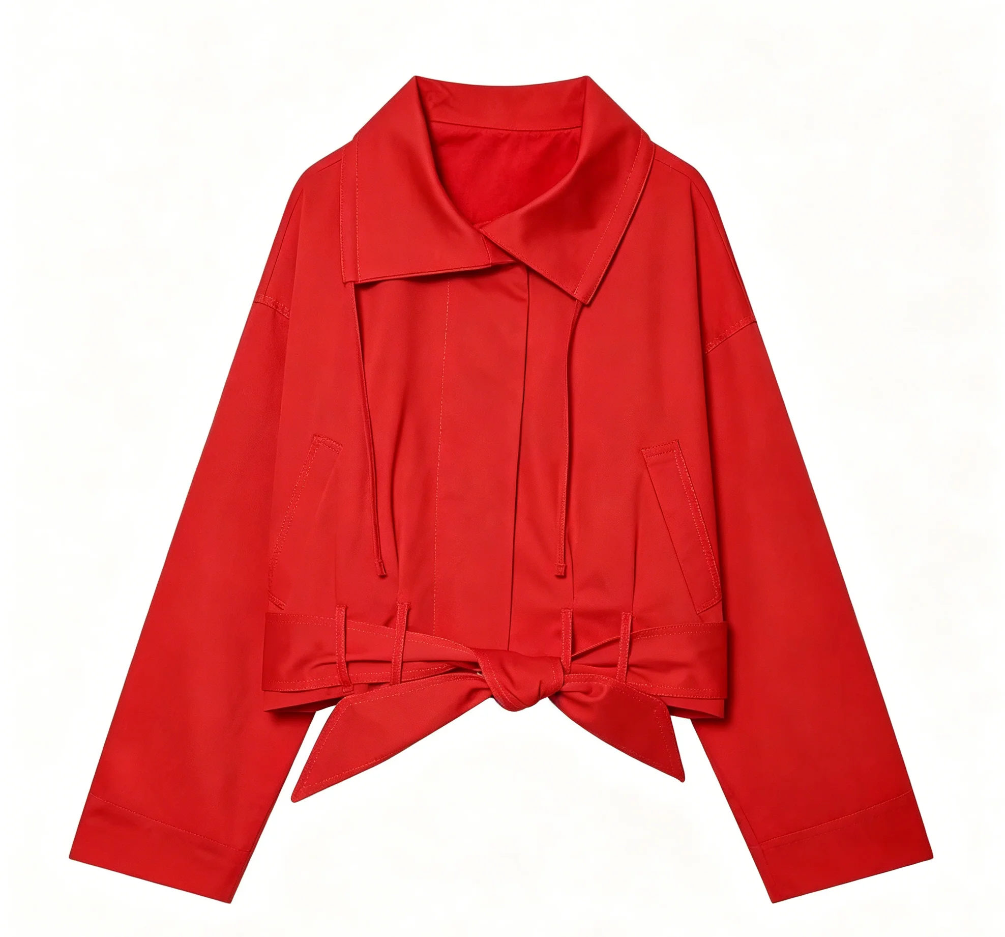 Red Cropped Jacket Lapel Collar Drawstring Neck Waist Tie Knot Belt Side Pockets Drop Shoulder Loose Casual Women Outerwear
Red Cropped Jacket Lapel Collar Drawstring Neck Waist Tie Knot Belt Side Pockets Drop Shoulder Loose Casual Women Outerwear