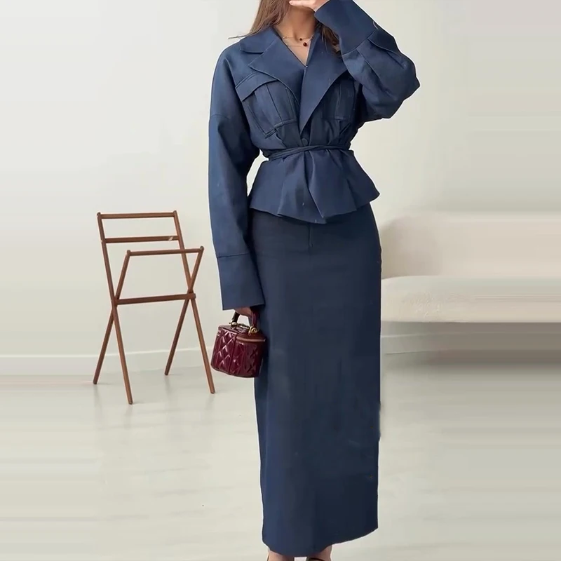 Женские повседневные однотонные длинные юбки с длинными рукавами, модные наряды на шнуровке, элегантный пиджак с лацканами и пуговицами, комплекты пальто и юбки
Женские повседневные однотонные длинные юбки с длинными рукавами, модные наряды на шнуровке, элегантный пиджак с лацканами и пуговицами, комплекты пальто и юбки