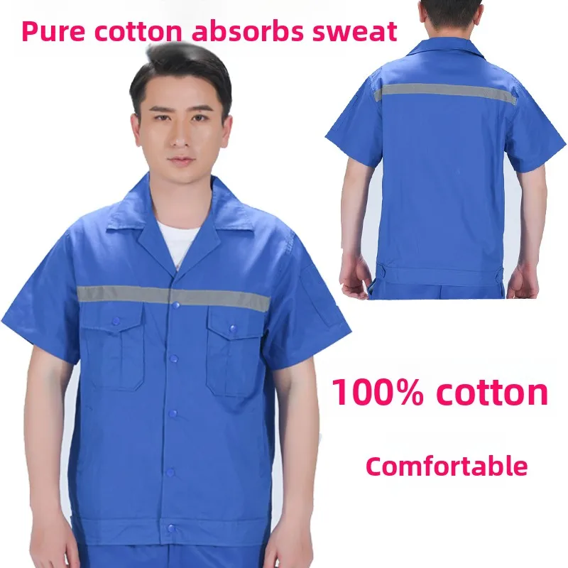 Синяя рабочая форма из чистого хлопка, дышащая, влагопоглощающая, со светоотражающей полосой и печатным логотипом, подходит для фабричных работ.
Синяя рабочая форма из чистого хлопка, дышащая, влагопоглощающая, со светоотражающей полосой и печатным логотипом, подходит для фабричных работ.