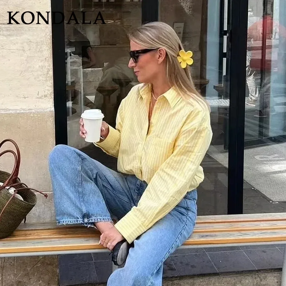 KONDALA 2025 Fall Winter Casual Women Striped Butter Yellow Shirts Fashion Vintage Thin Turn-down Collar Single Breasted Shirts
KONDALA 2025 Fall Winter Casual Women Striped Butter Yellow Shirts Fashion Vintage Thin Turn-down Collar Single Breasted Shirts