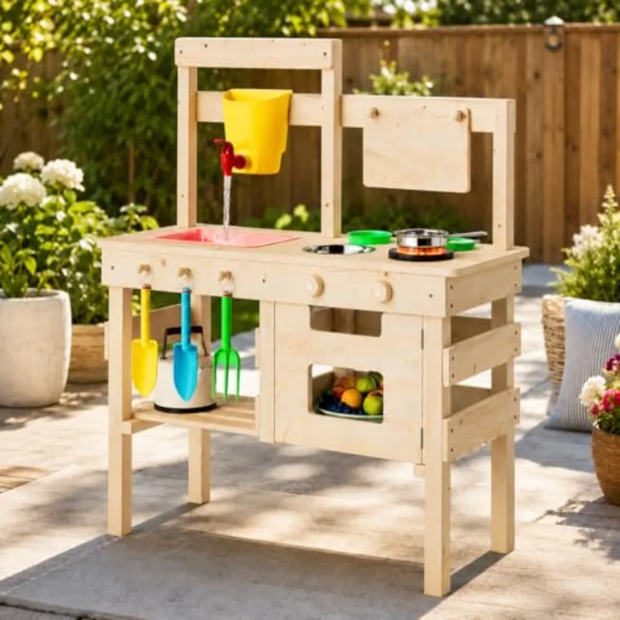 Outdoor play kitchen for backyard use, made of weather-resistant wood, natural wood color, includes water faucet, dual-sided ch
Outdoor play kitchen for backyard use, made of weather-resistant wood, natural wood color, includes water faucet, dual-sided ch