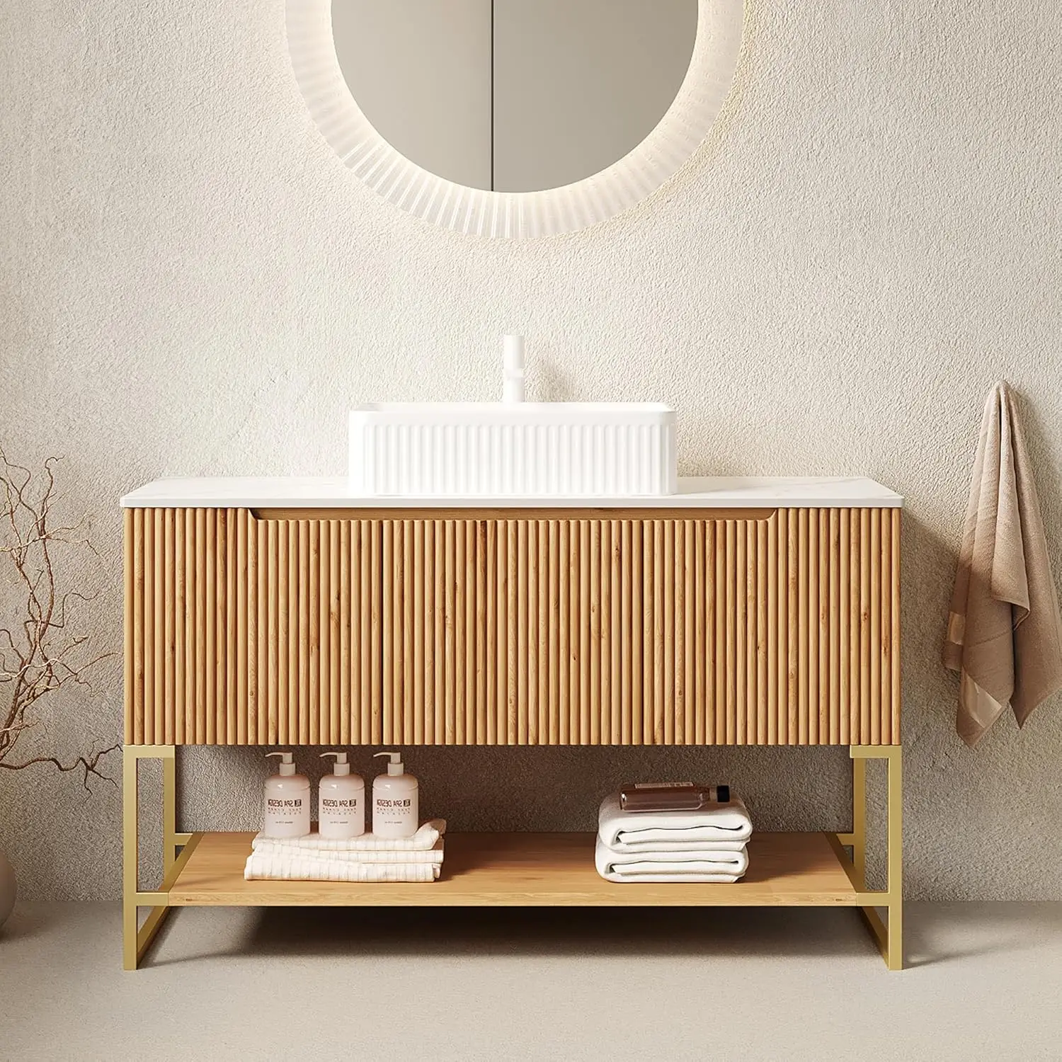 48in Wood Vanity Vessel Sink Soft-Close Doors Open Shelf Ceramic Basin Stone Top, Custom
48in Wood Vanity Vessel Sink Soft-Close Doors Open Shelf Ceramic Basin Stone Top, Custom