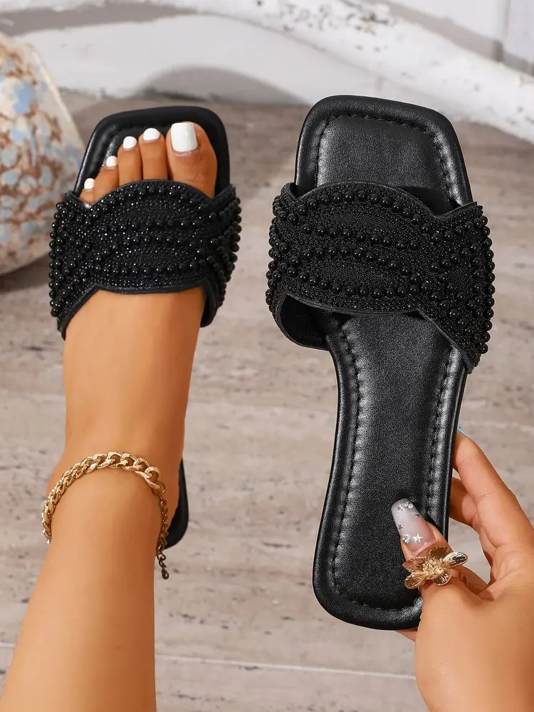Summer Women Slippers 2026 New Fashionable Luxury Rhinestones Comfortable Female Shoes Square Toe Flat Lightweight Sandals 43 Sa0f81391ee674cb7a8f28905ce9a6d20y