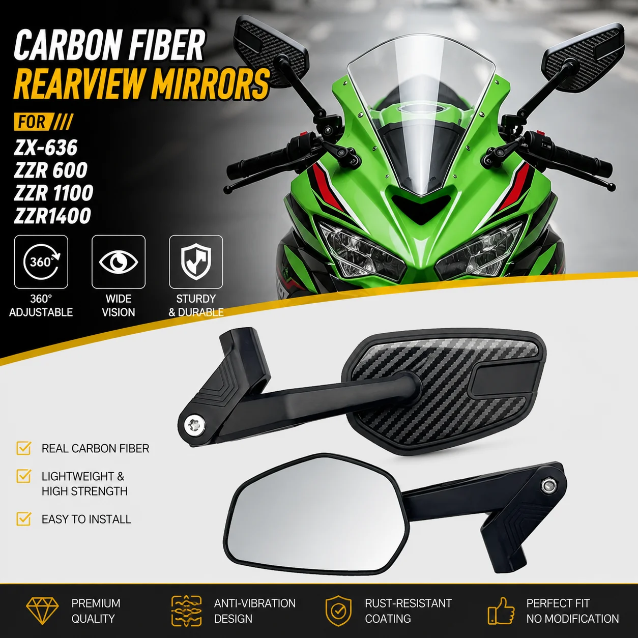 Carbon Fiber New Fit For KA/WASAKI For ZX-636 ZZR 600 ZZR 1100 ZZR1400 Motorcycle Carbon Universal 8MM 10MM RearView Mirrors
Carbon Fiber New Fit For KA/WASAKI For ZX-636 ZZR 600 ZZR 1100 ZZR1400 Motorcycle Carbon Universal 8MM 10MM RearView Mirrors