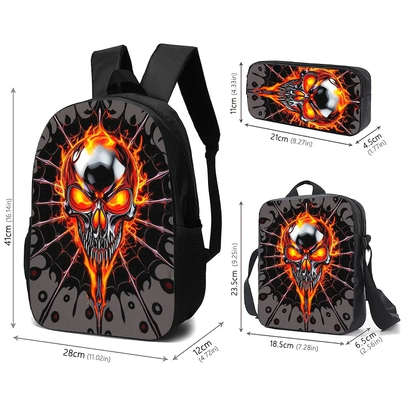 Flame Skull-themed 3pcs Set Backpack, Pencil Case, Lunch Bag. High-definition Print, Durable, Adjustable Straps, Large Capacity.
Flame Skull-themed 3pcs Set Backpack, Pencil Case, Lunch Bag. High-definition Print, Durable, Adjustable Straps, Large Capacity.