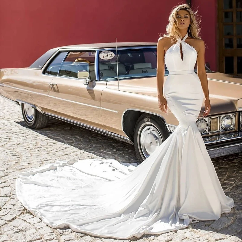 Halter Simple Beads Pleats Backless Satin Mermaid Wedding Dress Bridal Gown Vestido De Noiva
Halter Simple Beads Pleats Backless Satin Mermaid Wedding Dress Bridal Gown Vestido De Noiva