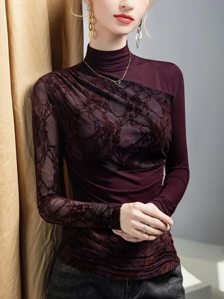 Flocked Lace Print Turtleneck T-Shirt Women Long Sleeve Elegant Top Chic Ruffle Detail Basic Blouse Fall Winter New Arrival
Flocked Lace Print Turtleneck T-Shirt Women Long Sleeve Elegant Top Chic Ruffle Detail Basic Blouse Fall Winter New Arrival