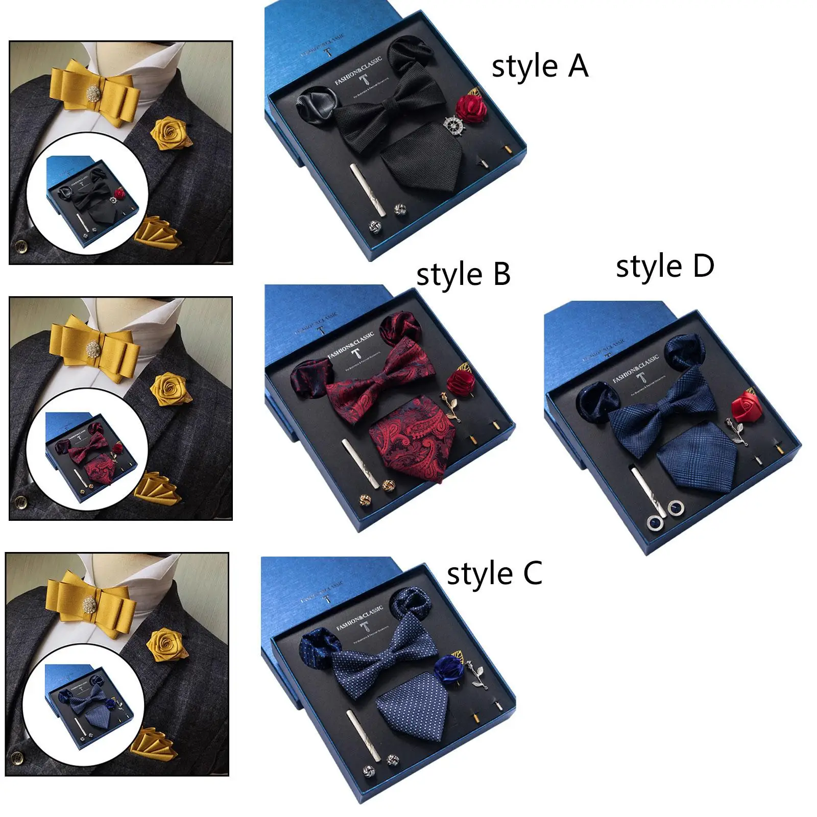 Набор мужских аксессуаров: галстук, галстук-бабочка, платок для кармана, запонки, зажим для воротника, брошь, подарочная коробка для вечеринки/Дня отца
Набор мужских аксессуаров: галстук, галстук-бабочка, платок для кармана, запонки, зажим для воротника, брошь, подарочная коробка для вечеринки/Дня отца