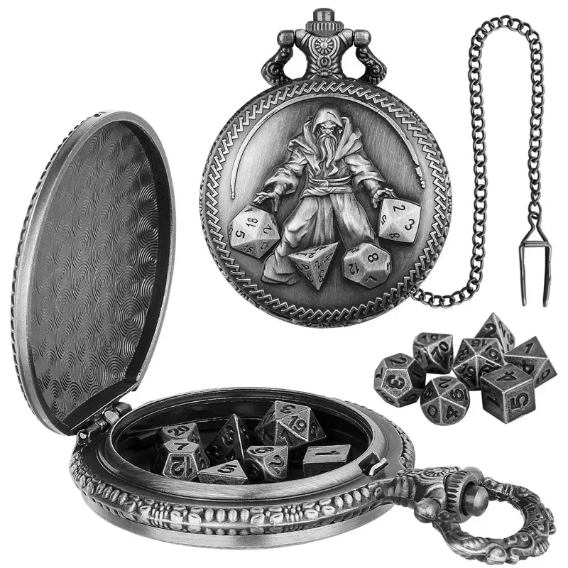 Vintage Pendant Chain Master Pocket Watch Case with 7Pcs Metal Polyhedral Dice Set Entertainment Dices for Dragon Role Play
Vintage Pendant Chain Master Pocket Watch Case with 7Pcs Metal Polyhedral Dice Set Entertainment Dices for Dragon Role Play