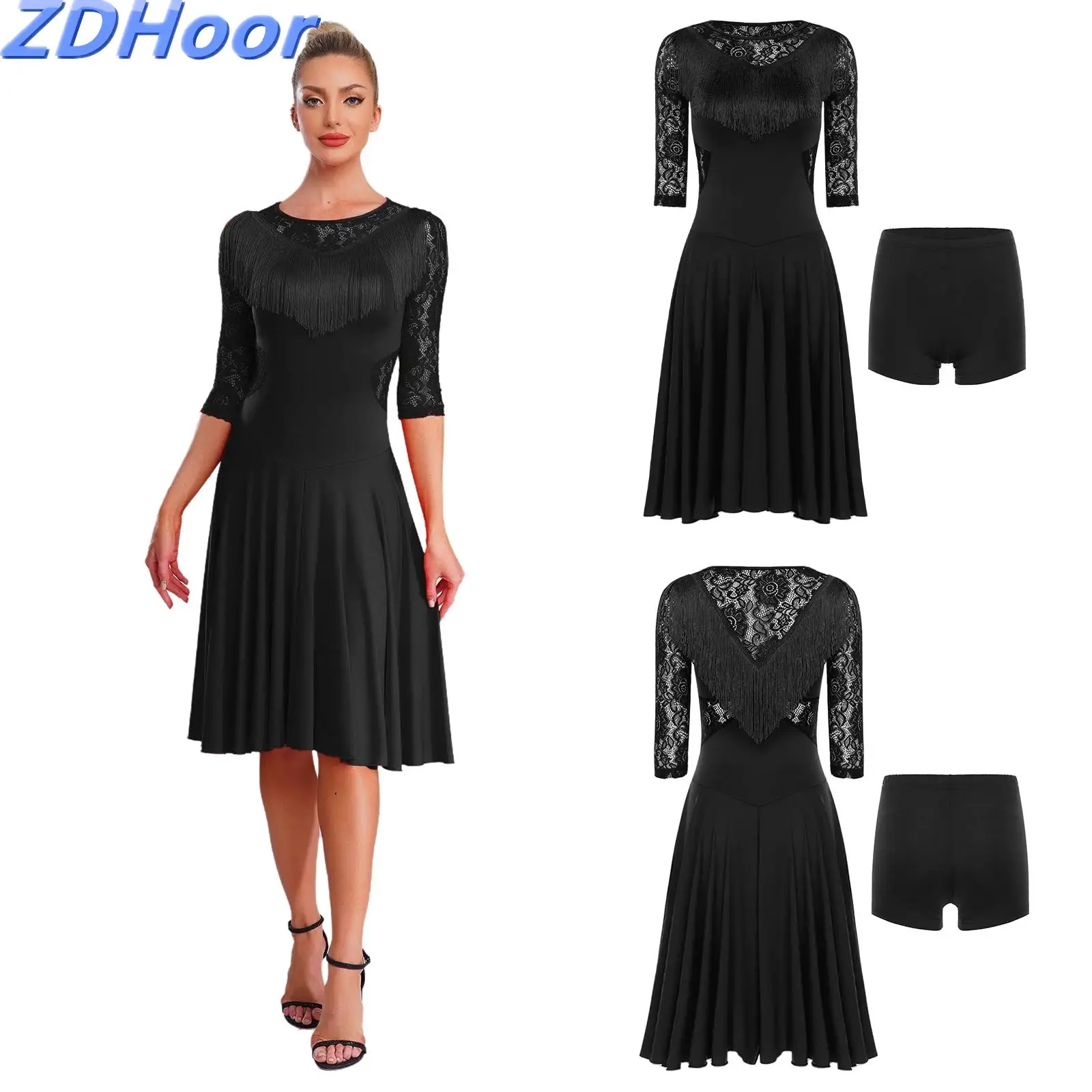 Womens Tassel Dance Dress with Safety Shorts Sheer Floral Lace Flowy Tassel 3/4 Sleeve Swing Dress for Samba Tango Latin Rumba
Womens Tassel Dance Dress with Safety Shorts Sheer Floral Lace Flowy Tassel 3/4 Sleeve Swing Dress for Samba Tango Latin Rumba