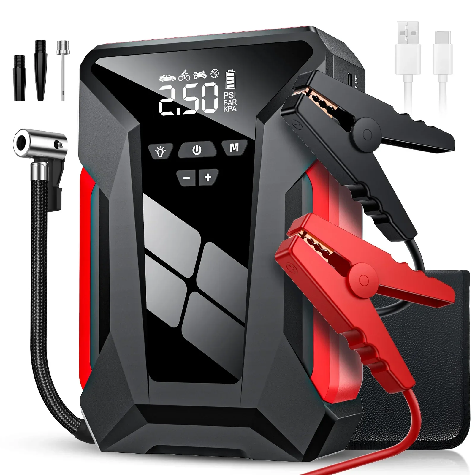 28000mAh Multi-functional Car Emergency Battery Starter Multi-Function4In1 ump 150PSI Tire Inflator
28000mAh Multi-functional Car Emergency Battery Starter Multi-Function4In1 ump 150PSI Tire Inflator