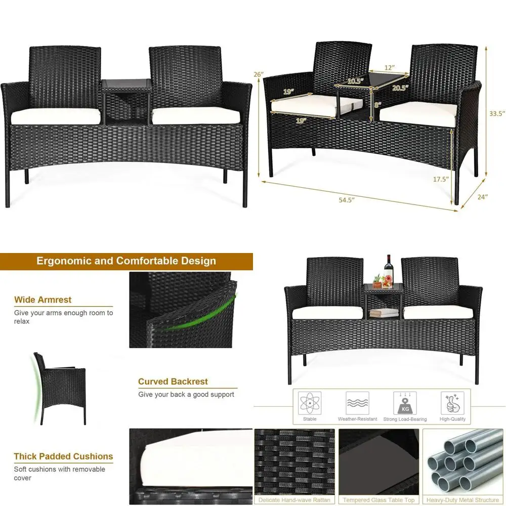 Rattan Wicker Loveseat Set with Table and Cushions for Outdoor Patio, Garden, and Lawn
Rattan Wicker Loveseat Set with Table and Cushions for Outdoor Patio, Garden, and Lawn