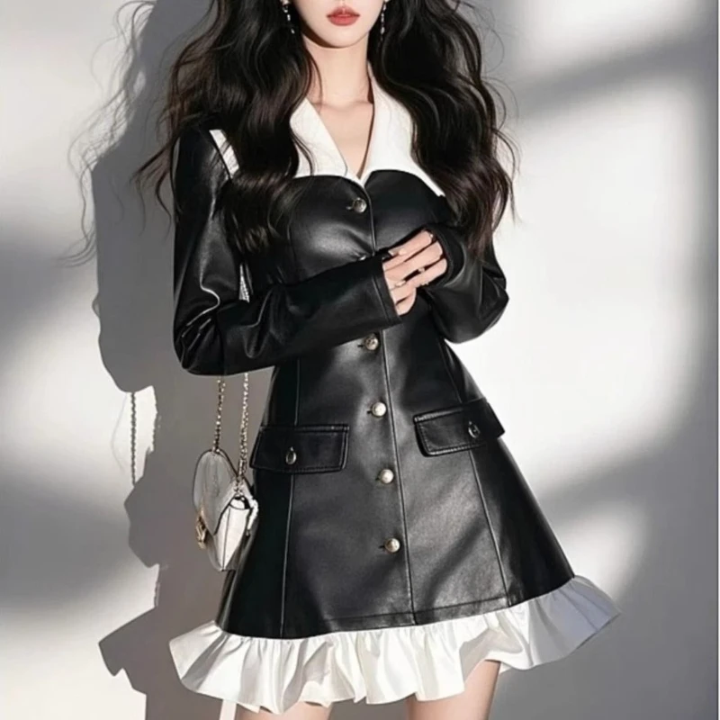 2025 Spring Fall Women Fashion Designer Black Pu Leather Ruffles Slim Dress , Woman Clothes Designer Above Knee Length Dresses
2025 Spring Fall Women Fashion Designer Black Pu Leather Ruffles Slim Dress , Woman Clothes Designer Above Knee Length Dresses