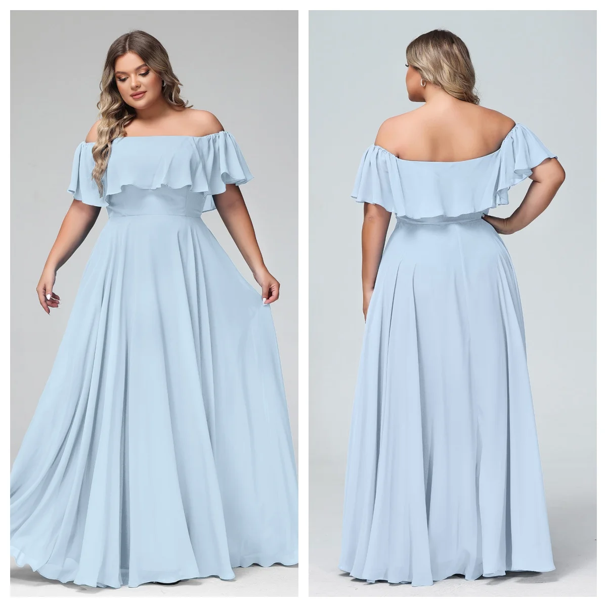 Plus-Size Women Off Shoulder Ruffle Chiffon Prom Dress Floor Length Formal Evening Gown with Flowy A-Line Bridesmaid
Plus-Size Women Off Shoulder Ruffle Chiffon Prom Dress Floor Length Formal Evening Gown with Flowy A-Line Bridesmaid