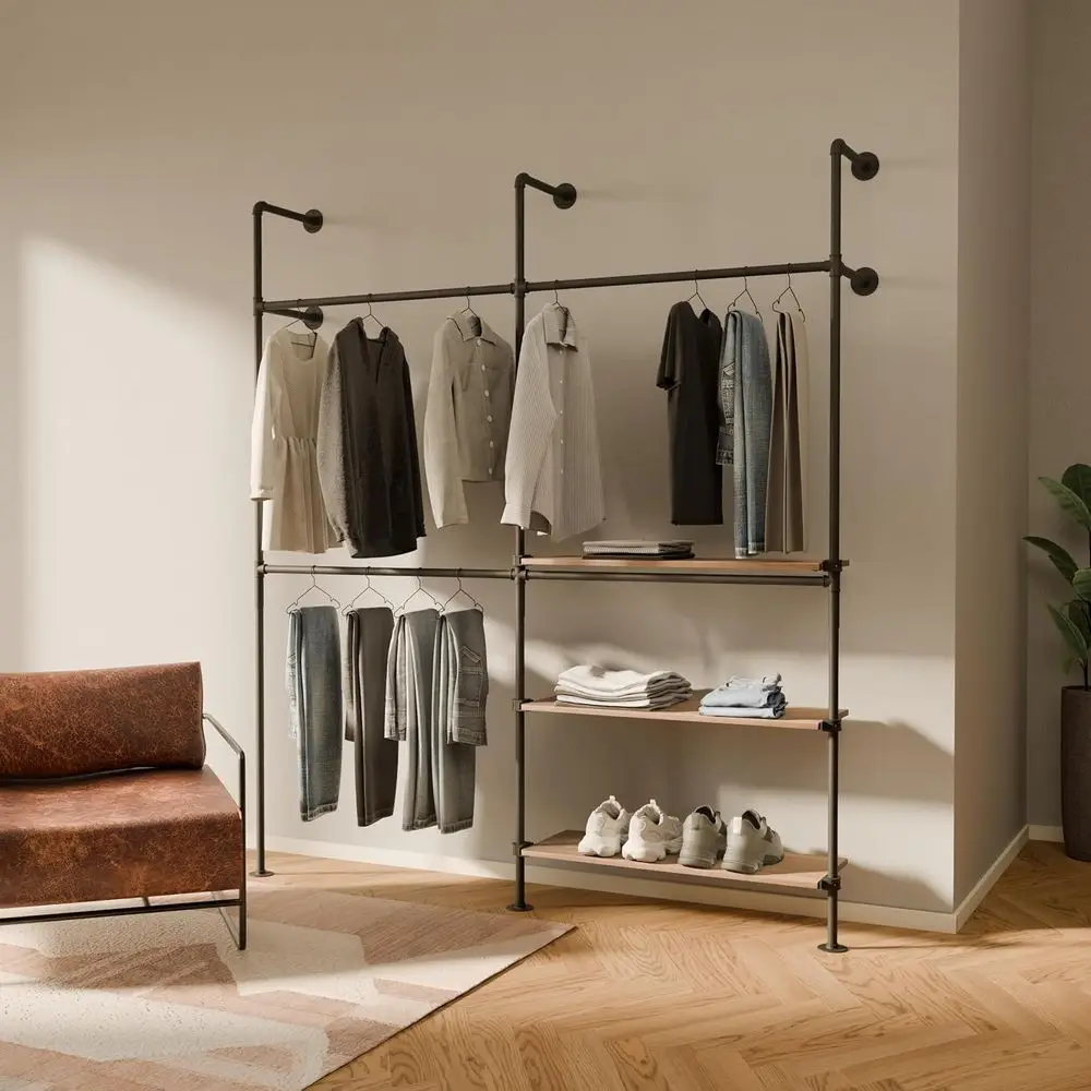 Black Powder-Coated Steel & Oak Wall-Mounted Pipe Clothing Rack - Walk-In Closet & Retail Organizer
Black Powder-Coated Steel & Oak Wall-Mounted Pipe Clothing Rack - Walk-In Closet & Retail Organizer
