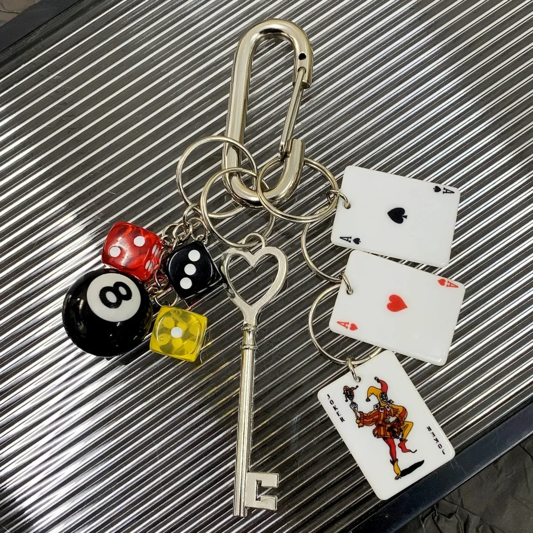 Las Vegas Casino style playing cards Key Chain Black 8 dice Backpack pendant Pants decoration
Las Vegas Casino style playing cards Key Chain Black 8 dice Backpack pendant Pants decoration