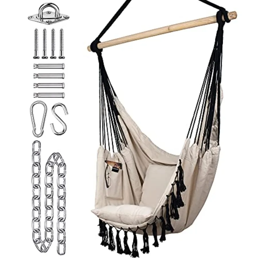 Hammock Chair - Ivory Black - 60" x 47" - Hanging Rope Swing for Indoor and Outdoor - Soft and Durable Cotton Canvas - 2 Cushio
Hammock Chair - Ivory Black - 60" x 47" - Hanging Rope Swing for Indoor and Outdoor - Soft and Durable Cotton Canvas - 2 Cushio