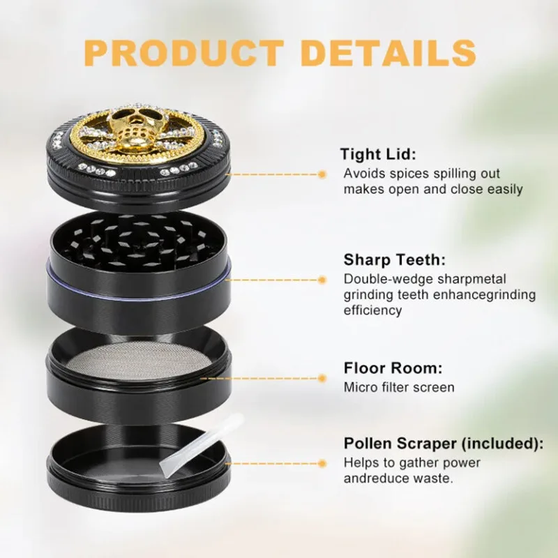 2026 New Rhinestone Skull Metal Bling-Bling Skull Herb Grinder 4-Layers Black 52mm Zinc Alloy Material
2026 New Rhinestone Skull Metal Bling-Bling Skull Herb Grinder 4-Layers Black 52mm Zinc Alloy Material