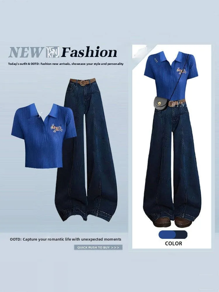 Summer Casual Korean Style Blue Knitted T-Shirt And Slim Fit Jeans Women's Fashion Set High Waist Straight Leg Denim
Summer Casual Korean Style Blue Knitted T-Shirt And Slim Fit Jeans Women's Fashion Set High Waist Straight Leg Denim