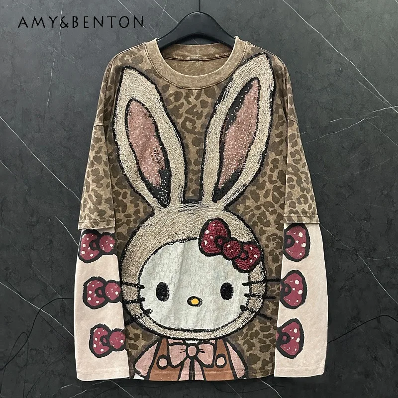 Autumn Winter Heavy-duty New Cartoon Fake Two-piece Leopard Print Long-sleeved T-shirt Women's loose Casual Style Mid-length Top
Autumn Winter Heavy-duty New Cartoon Fake Two-piece Leopard Print Long-sleeved T-shirt Women's loose Casual Style Mid-length Top