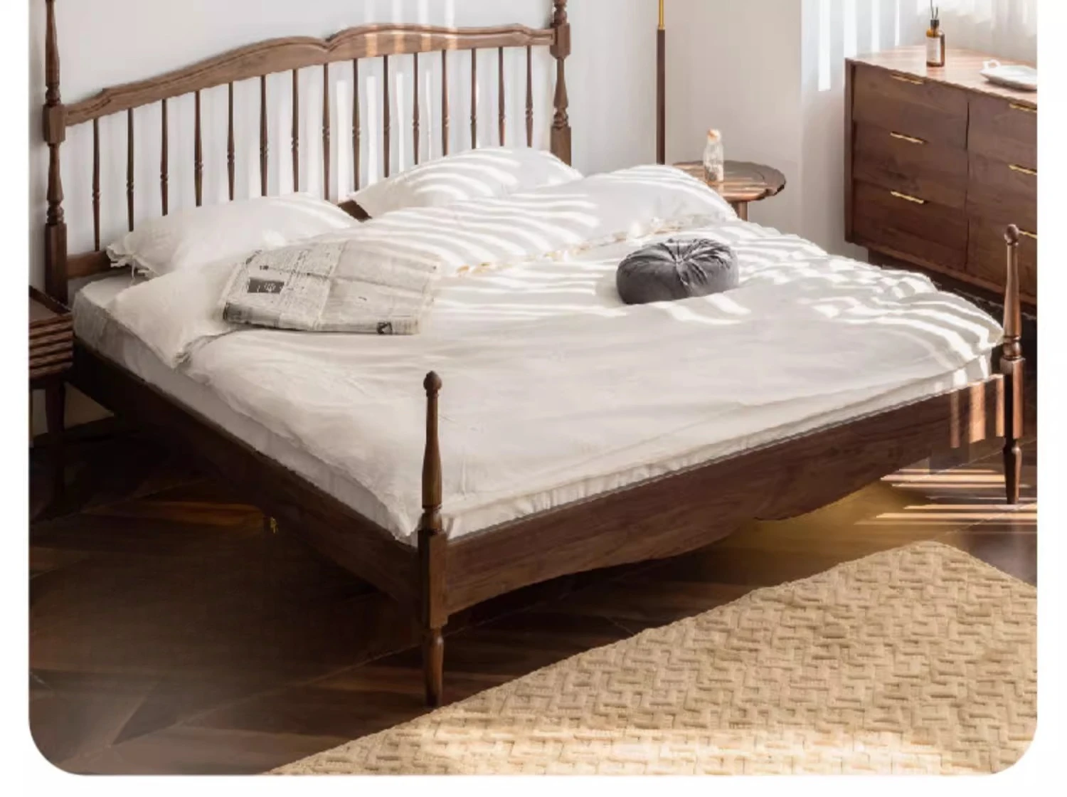 French retro Windsor black walnut solid wood Nordic Japanese simple style single master bedroom double bed
French retro Windsor black walnut solid wood Nordic Japanese simple style single master bedroom double bed