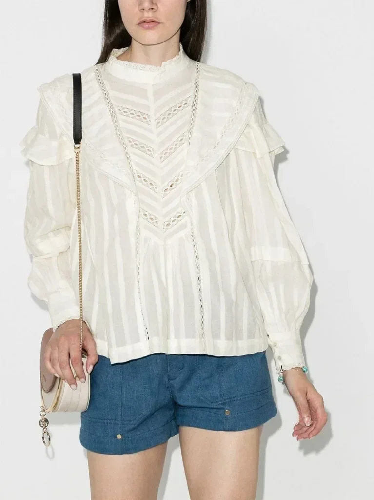 Женская белая рубашка с принтом пейсли, кружевная строчка, воротник-стойка, оборки, ажурная 2023, ранняя осень, женская блузка с длинным рукавом
Женская белая рубашка с принтом пейсли, кружевная строчка, воротник-стойка, оборки, ажурная 2023, ранняя осень, женская блузка с длинным рукавом