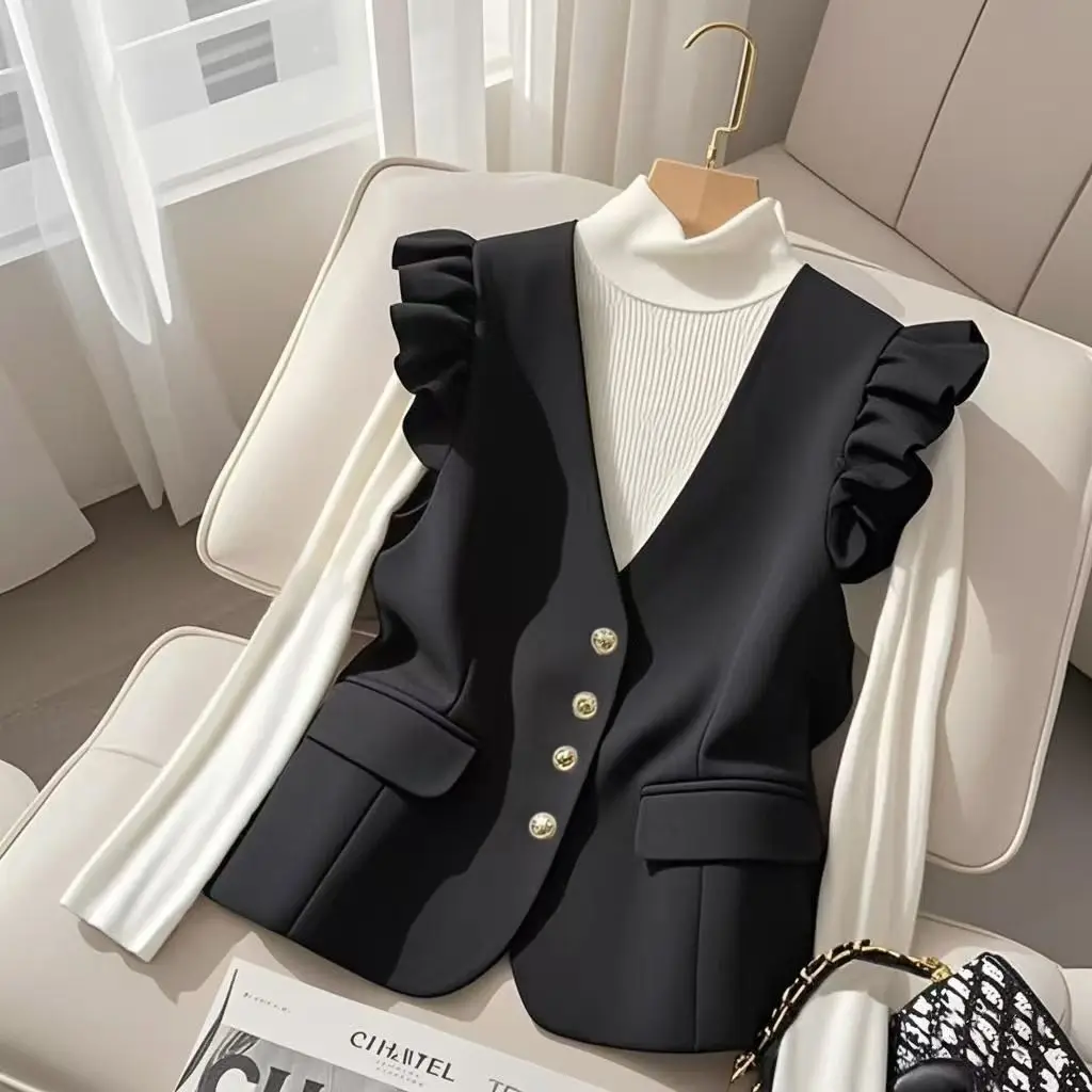 Women Layered Black Suit Style Vest High End Small Fragrance Spring Autumn Small Fly Sleeves Top
Women Layered Black Suit Style Vest High End Small Fragrance Spring Autumn Small Fly Sleeves Top