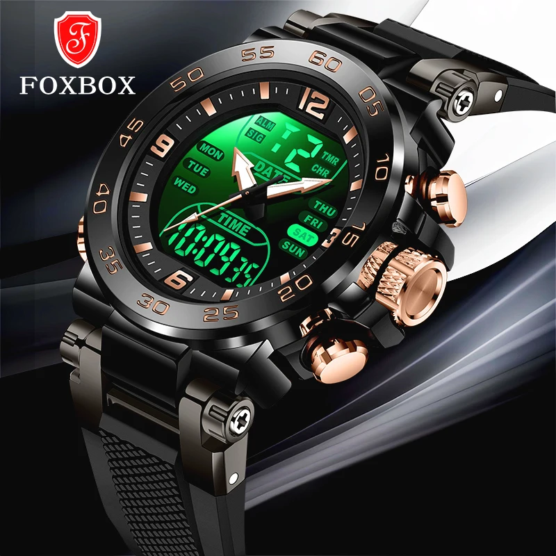 FOXBOX Mens Top Brand Luxury Watches Analog Digital Quartz Wristwatches Waterproof For Man Dual Time Display Luminous Watch Male
FOXBOX Mens Top Brand Luxury Watches Analog Digital Quartz Wristwatches Waterproof For Man Dual Time Display Luminous Watch Male