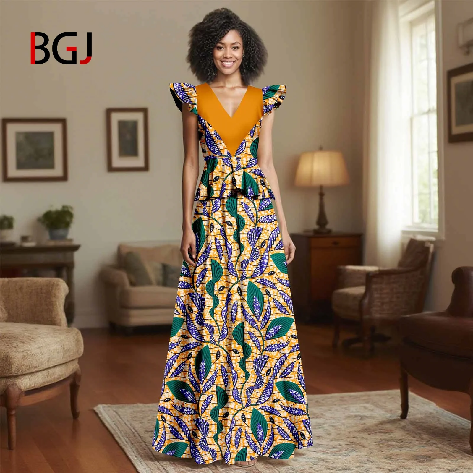 BGJ African Women's Ankara Printed V-Neck Flying sleeve top and Floor-Length Skirt Patchwork Two-piece Suit Dashiki Casual Set
BGJ African Women's Ankara Printed V-Neck Flying sleeve top and Floor-Length Skirt Patchwork Two-piece Suit Dashiki Casual Set