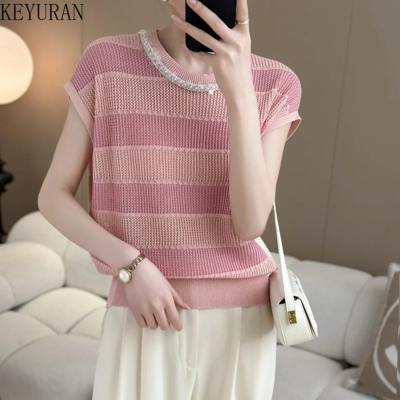 2025 Summer Striped Hollow Out Ice Silk Knitted T-Shirt Women's Thin Round Neck Short Sleeve Pullover Sweater Knitwear Tops Tees
2025 Summer Striped Hollow Out Ice Silk Knitted T-Shirt Women's Thin Round Neck Short Sleeve Pullover Sweater Knitwear Tops Tees