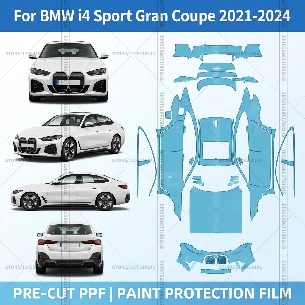 Для BMW i4 Sport Gran Coupe 2021-2024: Предварительно вырезанная прозрачная защитная пленка PPF для автомобиля, полный комплект для всего кузова
Для BMW i4 Sport Gran Coupe 2021-2024: Предварительно вырезанная прозрачная защитная пленка PPF для автомобиля, полный комплект для всего кузова