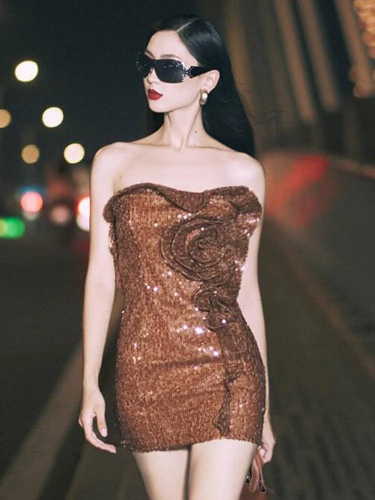 Women Sexy Brown Sequin Off-The-Shoulder Mini Dress with Rose Embellishment Sleeveless Backless Bodycon Upscale Evening Gown
Women Sexy Brown Sequin Off-The-Shoulder Mini Dress with Rose Embellishment Sleeveless Backless Bodycon Upscale Evening Gown